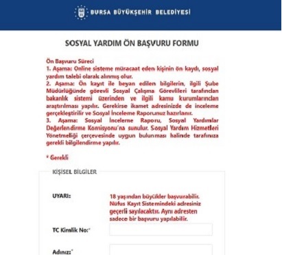 Bursa Büyükşehir Belediyesi Yardım Başvurusu Sorgulama ve Formu